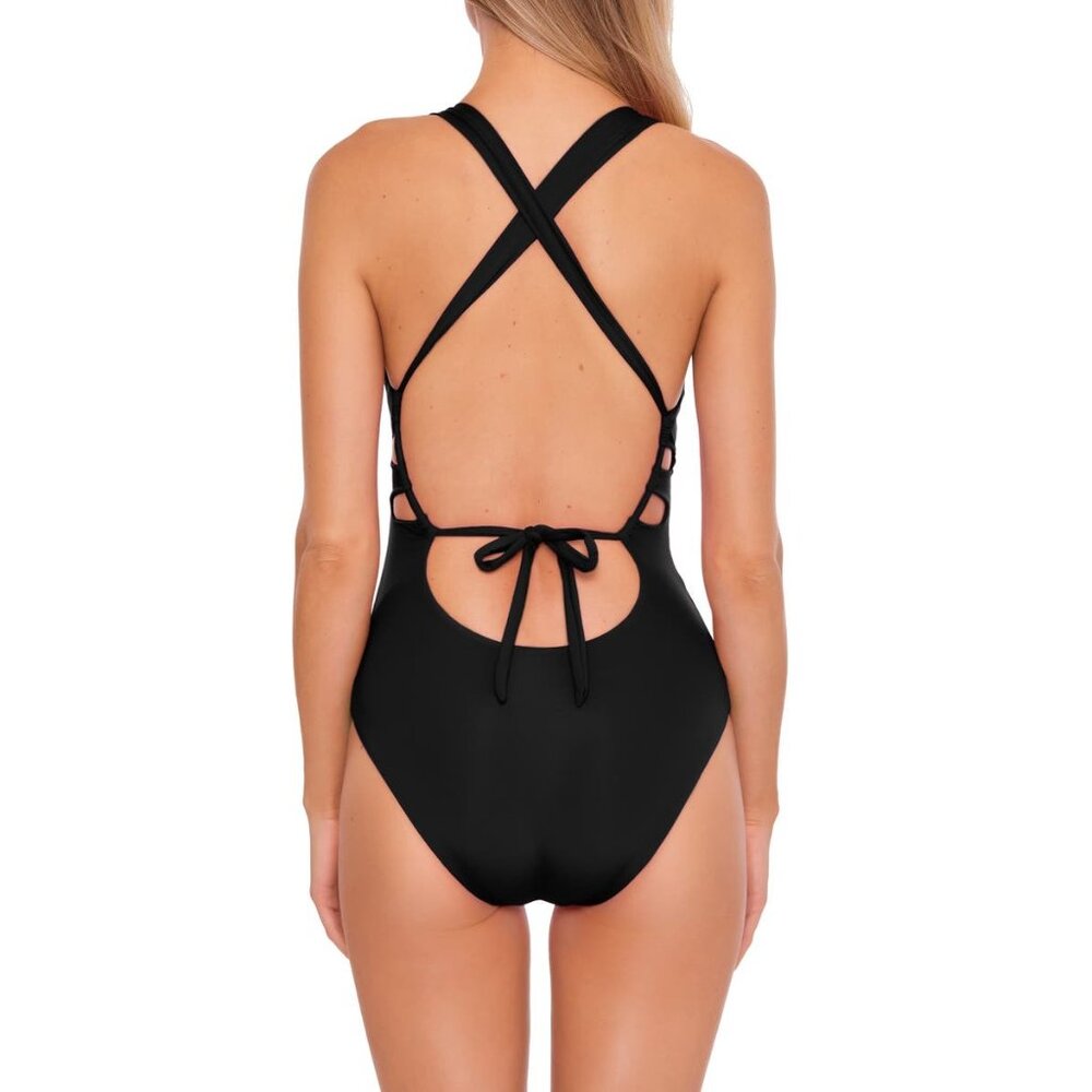🆕BECCA Color Code Plunge One-Piece Swimsuit Large (10-12) Black - Picture 3 of 8